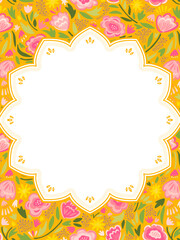 アジア風　鮮やかな花柄のフレーム・背景素材（縦向き）