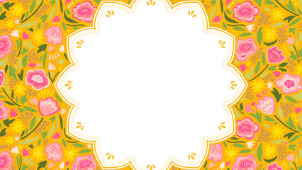 アジア風　鮮やかな花柄のフレーム・背景素材（横向き16:9）