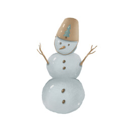 Winter cute snowman pencil hand drawing cozy illustration. Colorful children cartoon clipart on cut out isolated background. Can be used for sticker, print, Christmas greeting card.