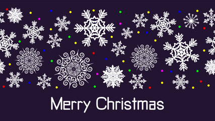 Snow blizzard of elegant snowflakes and multicolored lights of New Year's garlands. Merry Christmas text. Christmas holiday banner for celebration decoration design.