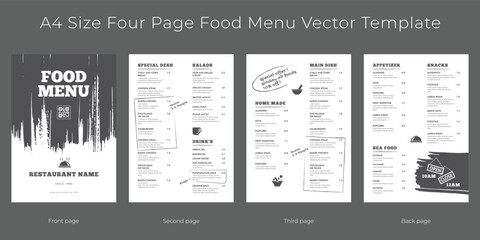 Restaurant cafe menu, template design,
A4 size four page food menu vector template