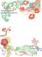 Obraz na płótnie Canvas 新春の和風水彩背景　縦構図