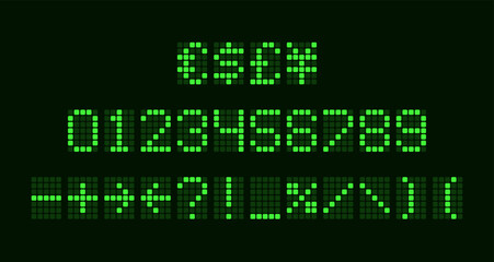 Vector exchange money rate green screenboard. Sport billboard score. Neon led display typeface mockup. Web airport arrival panel. Digital numbers and signs. Financial pixel icon set. Binary font