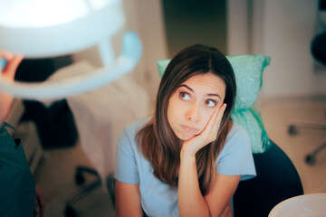 Unhappy Patient with a Toothache Sitting in a Dentist Office. Sad woman feeling unwell having her...