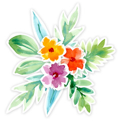 Watercolor composition of flowers for postcards, invitations, design. Watercolor flowers in the form of a sticker. Flower bouquet on a white background