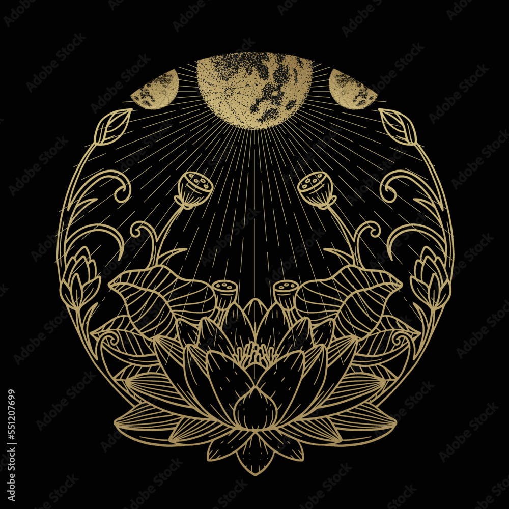 Wall mural blooming lotus with moon and planets at night