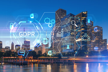 City view of Downtown skyscrapers, Chicago skyline panorama over Lake Michigan, harbor area, night time, Illinois, USA. GDPR hologram, concept of data protection regulation and privacy for individuals
