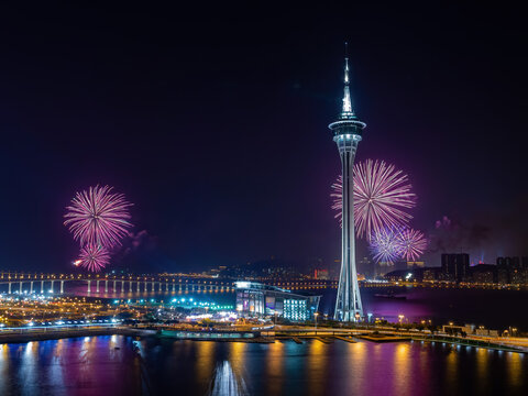 Night View Of The Fireworks Over Macau Tower Convention And Entertainment Center