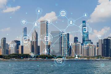 City view, downtown skyscrapers, Chicago skyline panorama over Lake Michigan, harbor area, day time, Illinois, USA. Social media hologram. Concept of networking and establishing new people connections