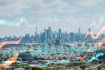 Fototapeta na wymiar Aerial helicopter view of midtown New York City form Jersey. Financial district and residential neighborhood. Forex candlestick graph hologram. The concept of internet trading, brokerage, analysis