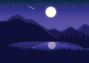 illustration landscape design at night with bright moon, stars and mountains