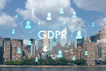 New York City skyline from Roosevelt Island over the East river towards skyscrapers of Midtown Manhattan, day time. GDPR hologram, concept of data protection, regulation, privacy for all individuals