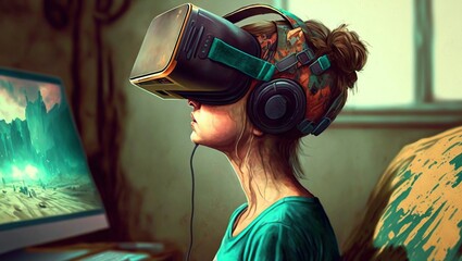Young girl playing a game with a VR headset on - gaming and virtual reality addiction concept