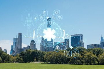 Green lawn at Central Park and Midtown Manhattan skyline skyscrapers at day time, New York City, USA. Health care digital medicine hologram. The concept of treatment and disease prevention