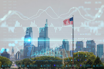 Plakat Summer day time cityscape of Philadelphia financial downtown, Pennsylvania, USA. City Hall. Glowing forex candlesticks and bar graph hologram. The concept of internet trading, brokerage and analysis