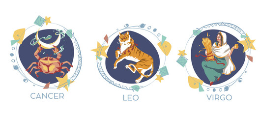 Astrological symbols on white background - Cancer, Leo, Virgo