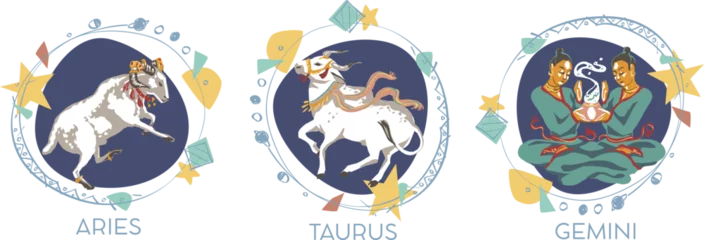 Fotobehang Astrological symbols on white background - Aries, Taurus, Gemini © nataliahubbert