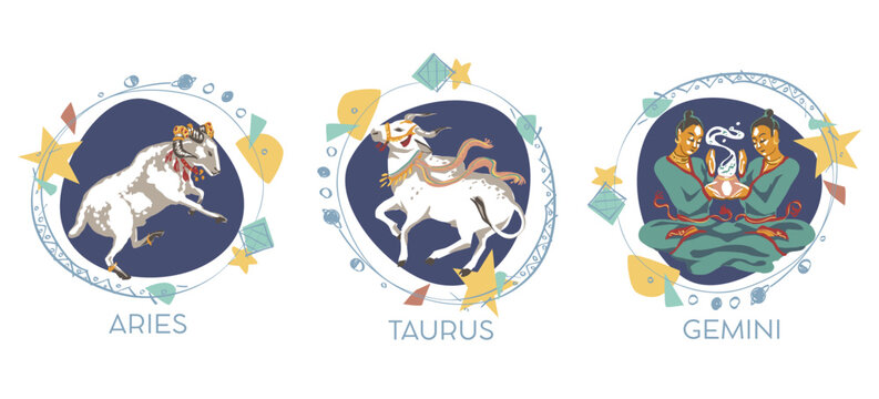 Astrological symbols on white background - Aries, Taurus, Gemini