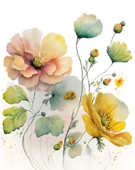 A vibrant watercolor painting featuring a bright array of summer flowers.