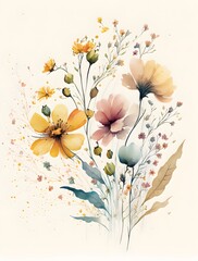 A vibrant watercolor painting featuring a bright array of summer flowers.