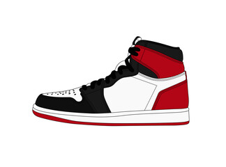 Vector retro sneakers illustration. Classic basketball shoes, isolated on white background. Black, white, red sport shoe silhouette. Best footwear ever. Linear style sneaker icon. Fashion symbol