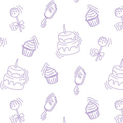 doodle pattern, background with sweets, for cafes, cafes, bakeries in purple, lilac color