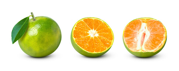 Tangerine orange fruit with green leaf and cut in half sliced isolated on white background.