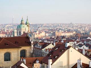 Fototapeta na wymiar Scenic view of Mala Strana neighborhood and the Old Town from the hill of Prague Castle in winter - Prague, Czech Republic