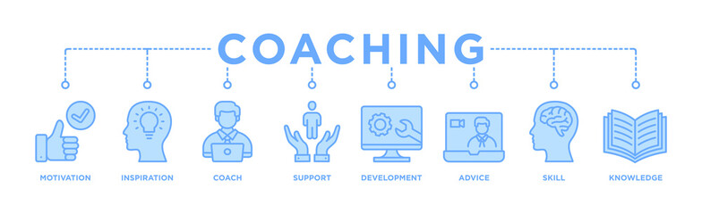 Coaching banner web icon for coaching and success, motivation, inspiration, teaching, coach, learning, knowledge, support and advice. Minimal vector infographic.	