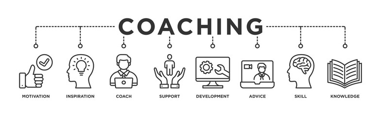 Coaching banner web icon for coaching and success, motivation, inspiration, teaching, coach, learning, knowledge, support and advice. Minimal vector infographic.	