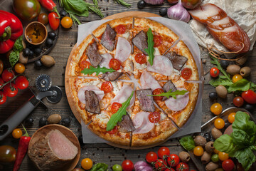 meat lover pizza closeup on wood table with olive oil tomato cherry boiled pork Napoletana oregano basil arugula beaf ham salami in top view