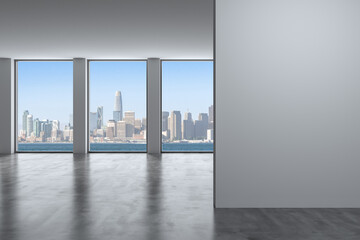 Fototapeta premium Downtown San Francisco City Skyline Buildings from High Rise Window. Beautiful Expensive Real Estate overlooking. Empty room Interior. Mockup wall. Skyscrapers Cityscape. Day. California. 3d rendering
