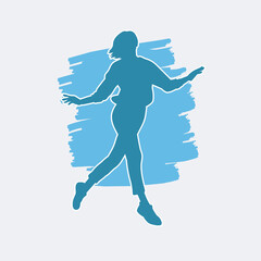 Happy gesture young woman. Vector blue silhouette.