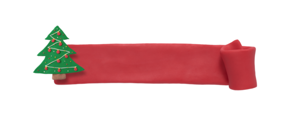 Christmas ribbon made of plasticine. Isolated christmas red label with christmas tree figure with decorations. Handmade plasticine merry christmas label with copy space