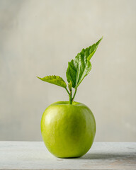 One ripe green apple isolated on a neutral background. Close-up view showcasing the fresh texture and vibrant green color of the fruit. Ideal for nutritionists, dietitians, and as a key ingredient in 