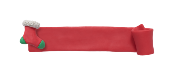 Christmas decoration ribbon made of plasticine. Red label and christmas isolated banner with christmas boot figure. Handmade plasticine merry christmas label with copy space
