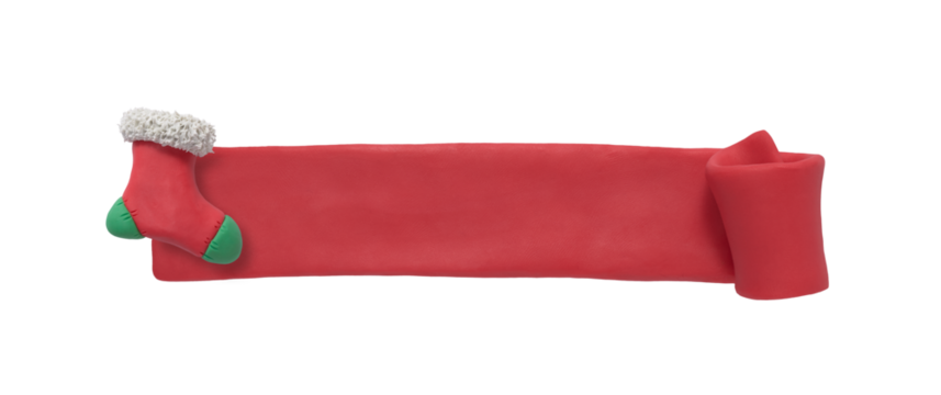 Christmas decoration ribbon made of plasticine. Red label and christmas isolated banner with christmas boot figure. Handmade plasticine merry christmas label with copy space - Powered by Adobe