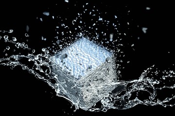 3d illustration combining water splash and square ice in the concept of science
