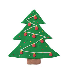 Beautiful bright Christmas tree with balls and garlands made of plasticine. Gingerbread cookie in the shape of a Christmas tree made of plasticine
