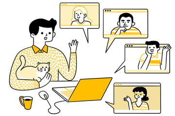 Cute character doodle illustration of teen group greeting and talking with friends online with video chat call, virtual meeting. Outline, thin line art, hand drawn sketch.