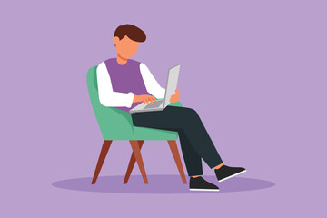 Cartoon flat style drawing young male with laptop sitting on chair. Businessman planning project. Freelance, distance learning, online courses, and studying concept. Graphic design vector illustration