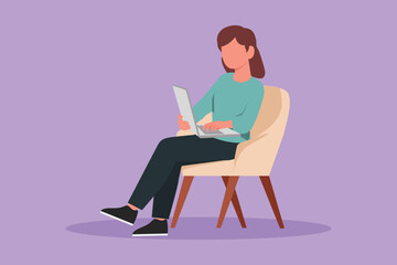 Graphic flat design drawing young female character working on a laptop from home, social distancing, remote office. Daily life of freelance worker, student education. Cartoon style vector illustration