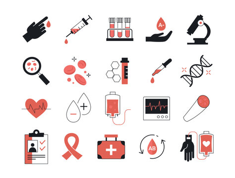 Set of simple medical icons. Black and red stickers with blood, donation, genetic test, erythrocyte analysis and cardiovascular system. Cartoon flat vector collection isolated on white background