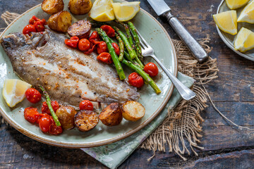 Lemon sole baked with potatoes, baby tomatoes and asparagus