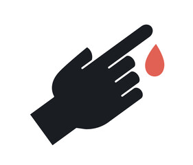 Simple medical icon. Dark sticker with patient hand and drop of blood. Medical examination or blood donation from finger for analysis. Cartoon flat vector illustration isolated on white background
