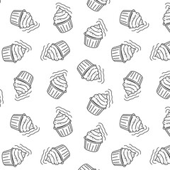 drawing, doodle pattern, background with cupcakes, cakes, muffins, for cafes, cafes, bakeries, holidays on a dark background with light, black lines