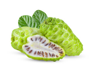 Noni fruit with leaf on transparent png