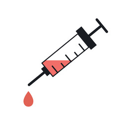 Simple medical icon. Sticker with syringe for injections and blood sampling. Biochemical analysis or diagnosis. Design element for app. Cartoon flat vector illustration isolated on white background