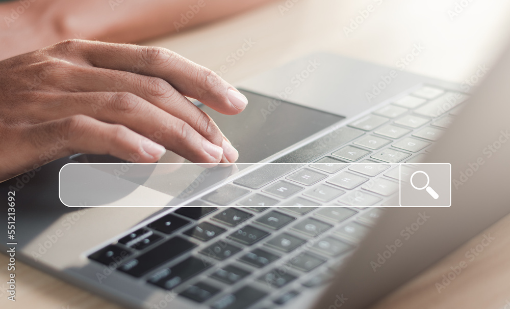 Poster search engine optimization (seo) concept. businessman working on laptop with search engine browsing 