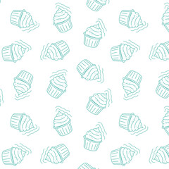 drawing, doodle pattern, background with cupcakes, cakes, muffins, for cafes, cafes, bakeries, holidays on a dark background with light, turquoise lines
